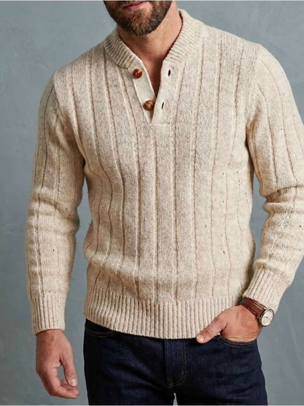 🏔️ VINTAGE London Fog Wool Cable Knit Henley Sweater Cream Small S Made in USA